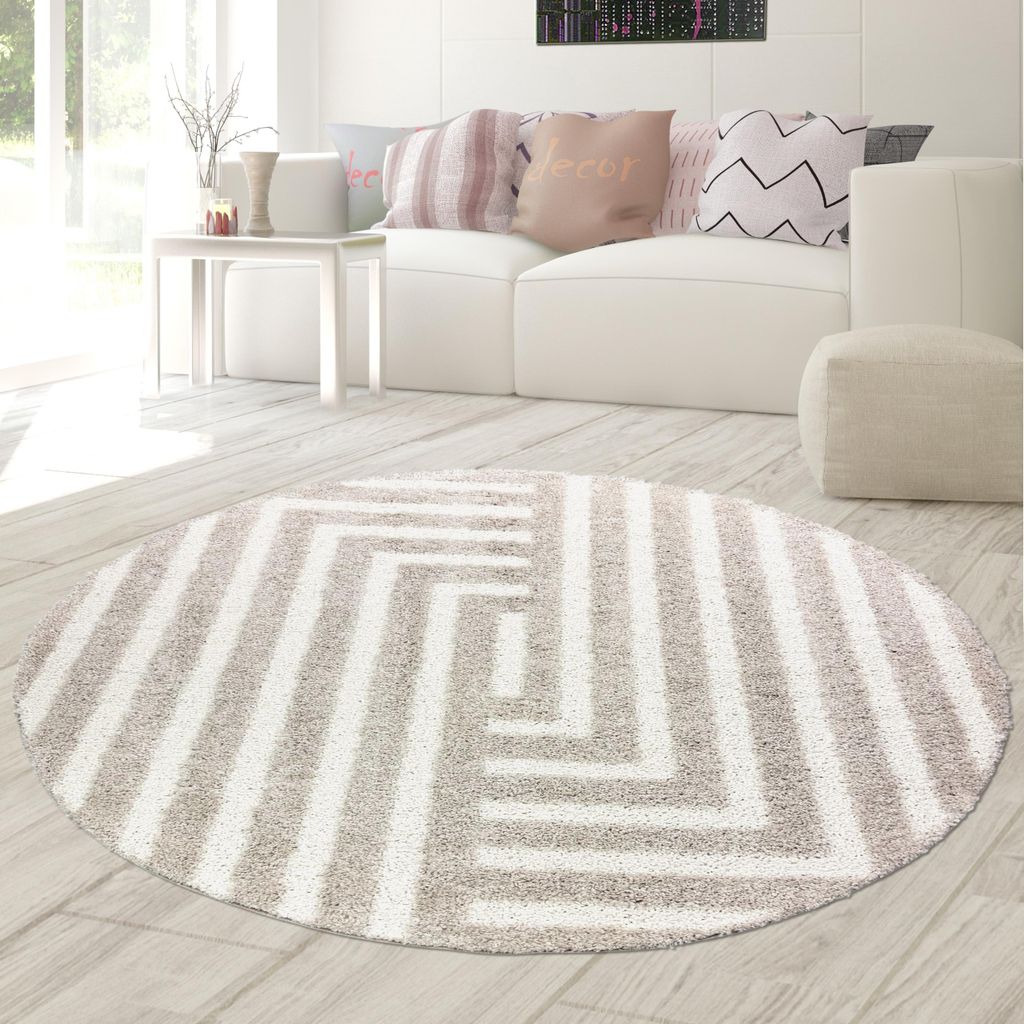 Flauschiger Hochflor-Teppich Modern & Gemütlich in Beige Größe - 200 cm Rund