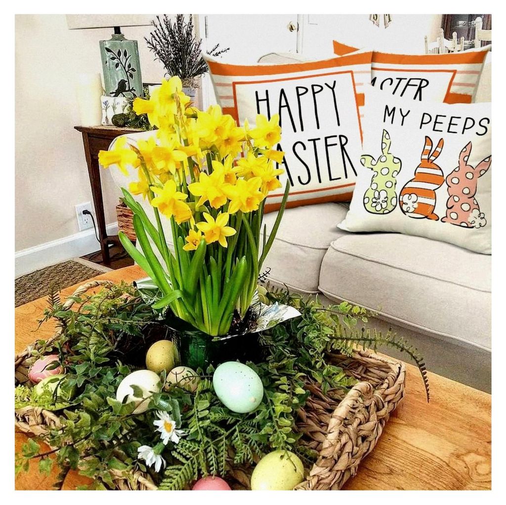 Kissenbezug Ostern 40x40 cm 4er Set mit Kaninchen und Karotte für die Dekoration im Heim, Sofa, Garten und Schlafzimmer