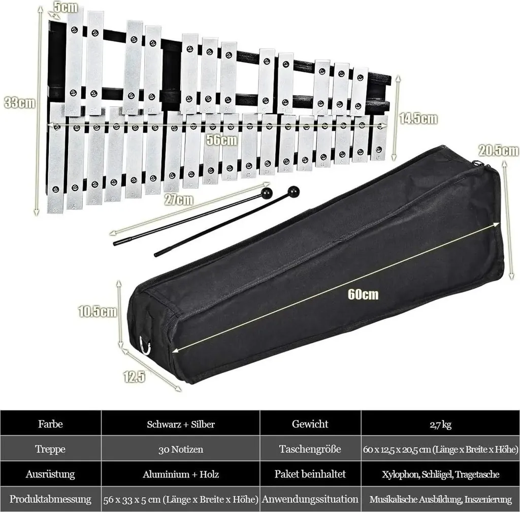 Glockenspiel pour Apprentissage Musical - 30 Notes Argentées - Idéal Débutant