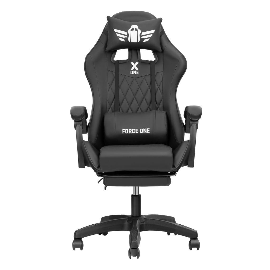 A black gaming chair with a headrest and lumbar pillow, shown from the front on a white background.