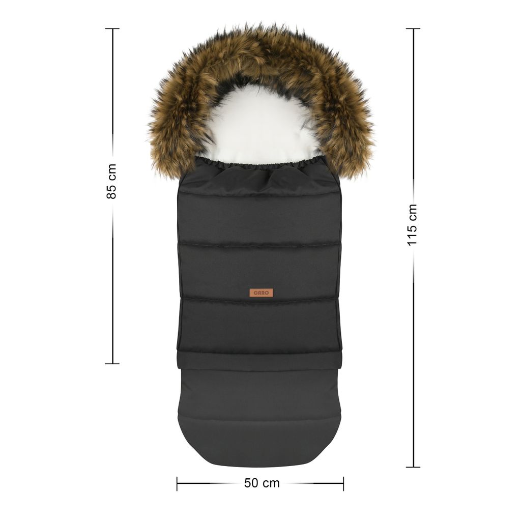 A black winter footmuff with a fur-lined hood, shown flat against a white background with dimensions indicated.