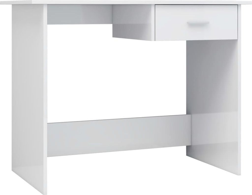 A white desk with a single drawer, shown from the front.
