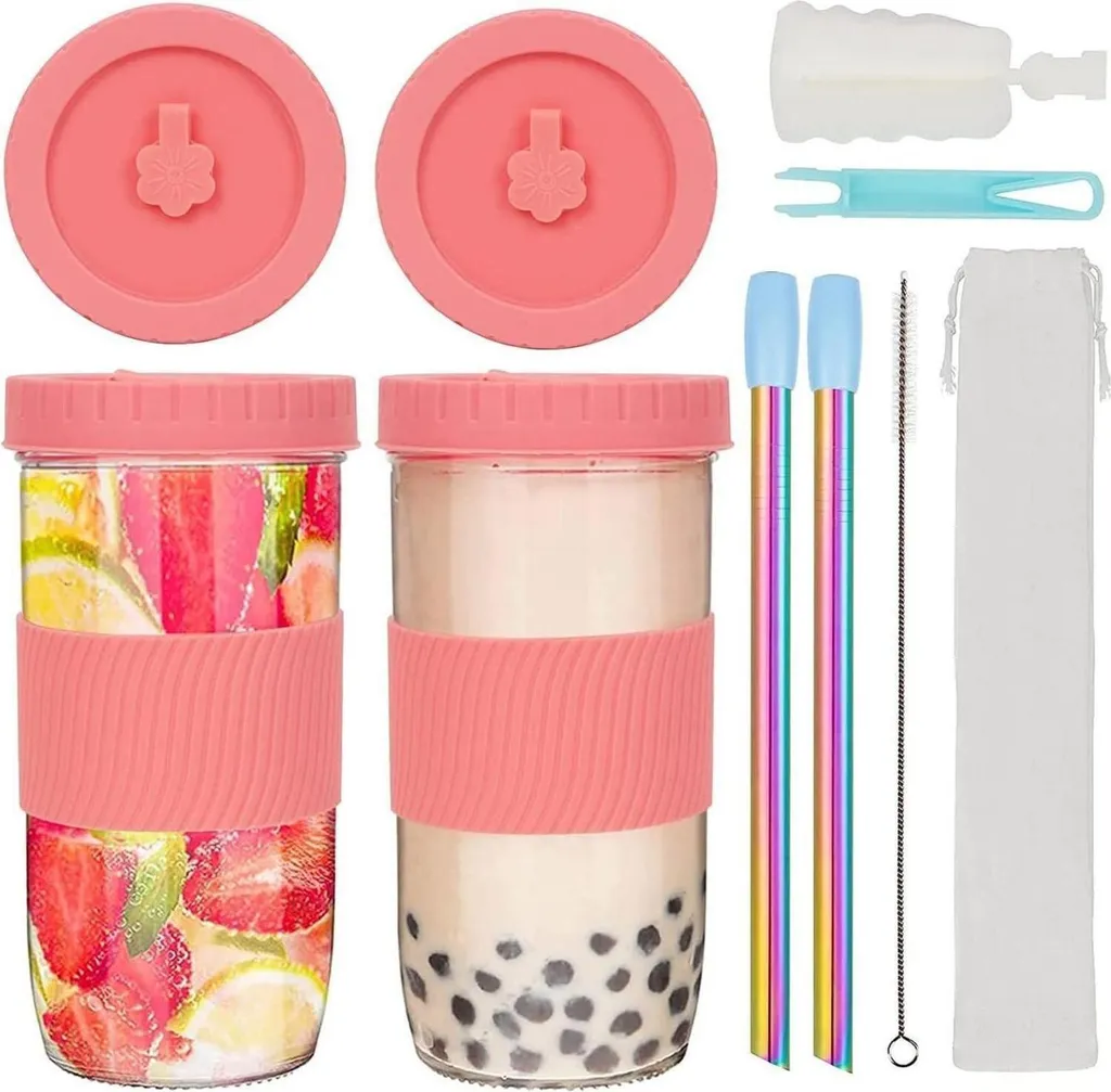 Set 2 Bicchieri Bubble Tea Rosa 24oz per Bambini e Adulti - Sicuri