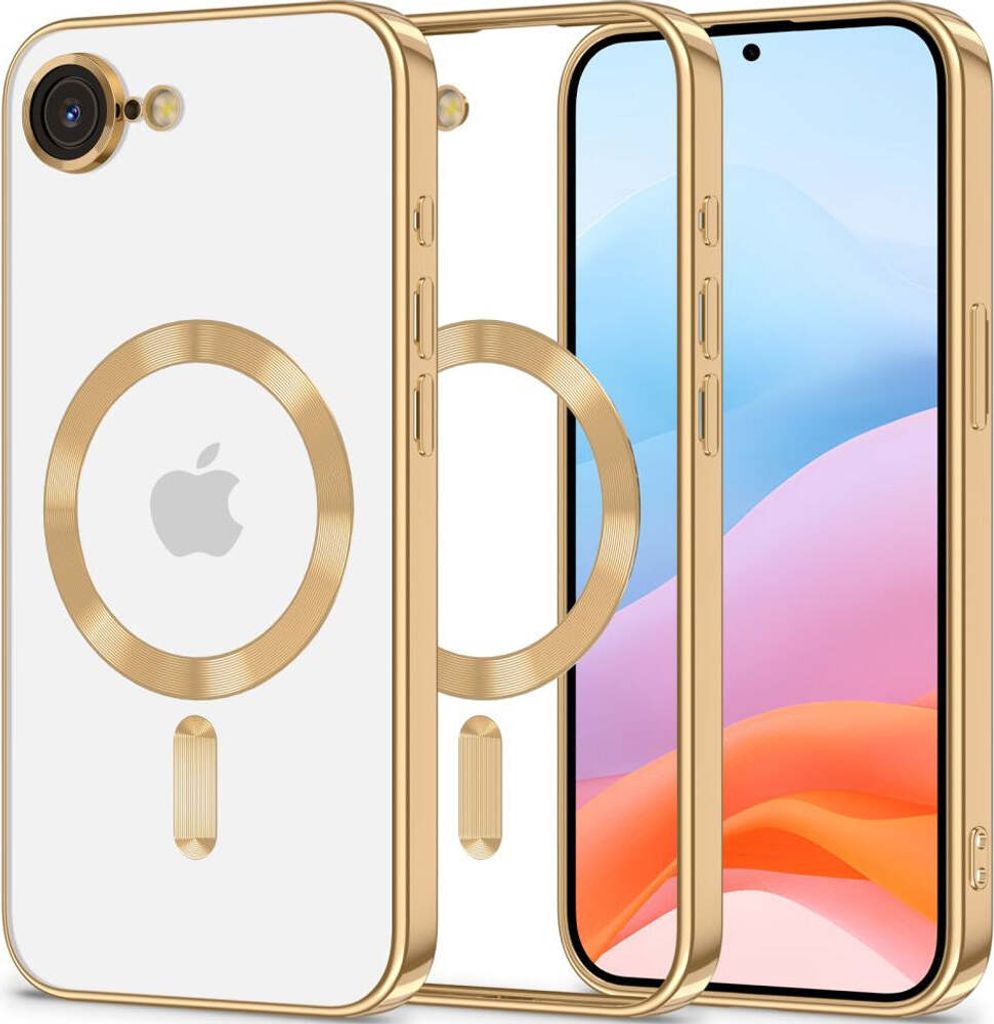 A clear product shot of a phone case with a gold frame and a transparent back, showing the Apple logo and MagSafe ring.