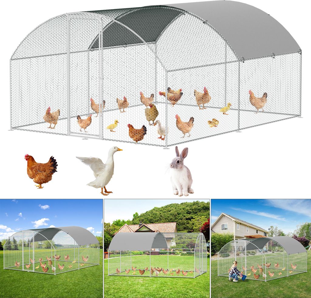 Jayseuw Freilaufgehege Hühnerhaus Kuppeldach 3 x 4 x 2 m Outdoor Hühnerstall Dach Geflügelstall, Verzinkter Stahl Kleintierstall Freigehege mit ...