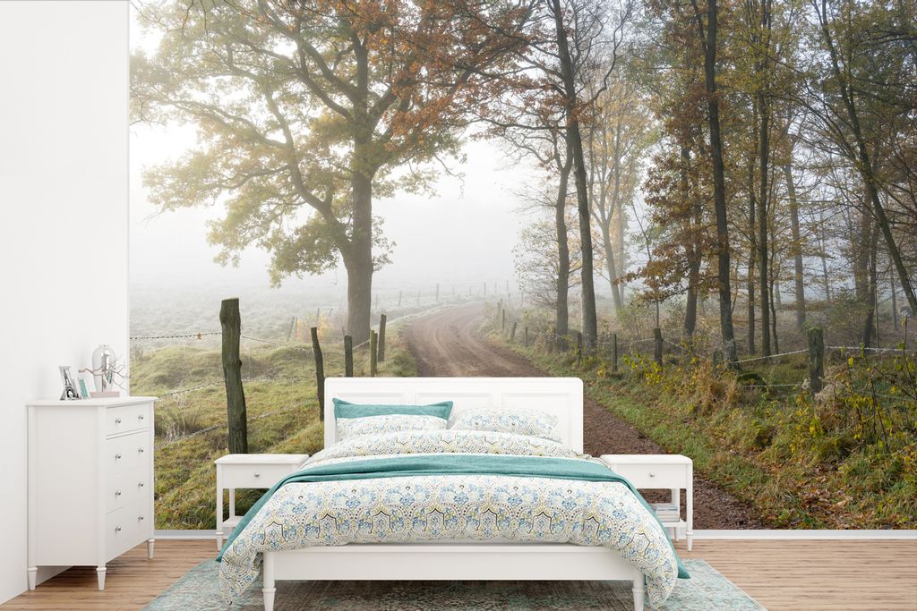 MuchoWow Fototapete für Wohnzimmer oder Schlafzimmer Wandtapete Vinyl Motivtapete Pfad in der flachen Landschaft des Nationalparks Söderåsen i...