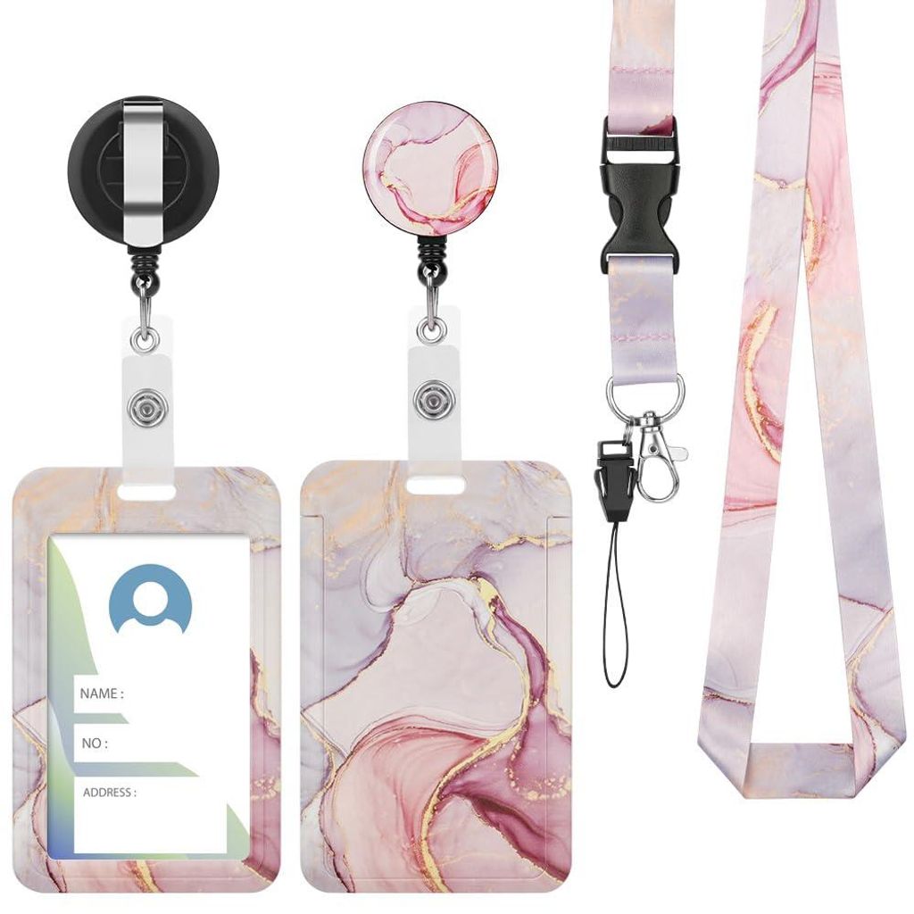 Lanyard mit Ausweishalter, 2 einziehbare Ausweishalter, Ausweishalter mit Clip, Lanyards mit Schnellverschluss (rosa Marmor)