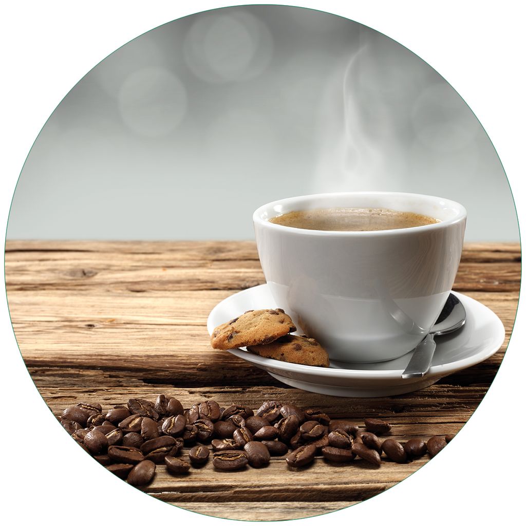Wallario Premium Glasbild, freischwebende Optik, kräftige Farben, rund 50cm Durchmesser, Motiv Heiße Tasse Kaffee mit Kaffeebohnen