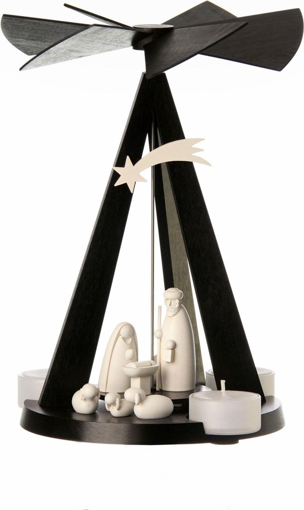 Teelichtpyramide Moderne schwarze Miniatur-Dreieckform mit heller Christi Geburt Szene BxHxT 19x26x19cm NEU