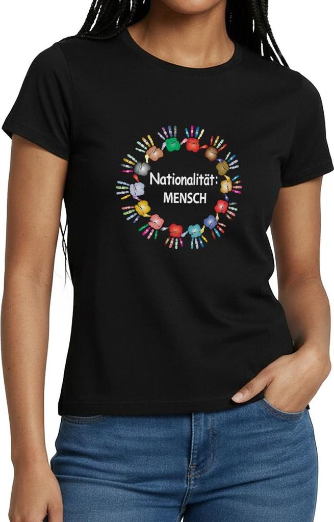 Spreadshirt Nationalität Mensch Bunte Hände Gegen Rassismus Frauen T-Shirt, XXL, Schwarz