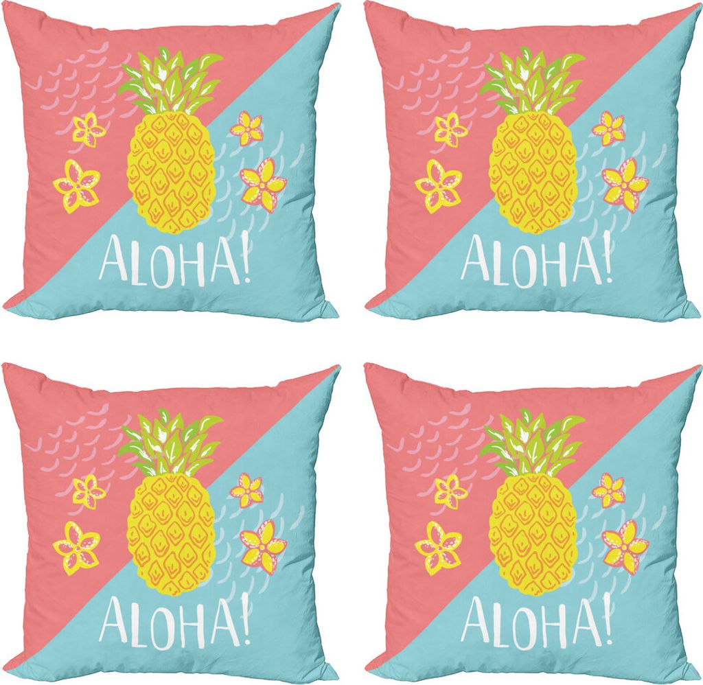 ABAKUHAUS Aloha Kissenbezug Set (4 Stück), Blumen und Ananas-Muster, Moderner Doppelseitiger Digitaldruck, 45 cm x 45 cm, Coral Aqua