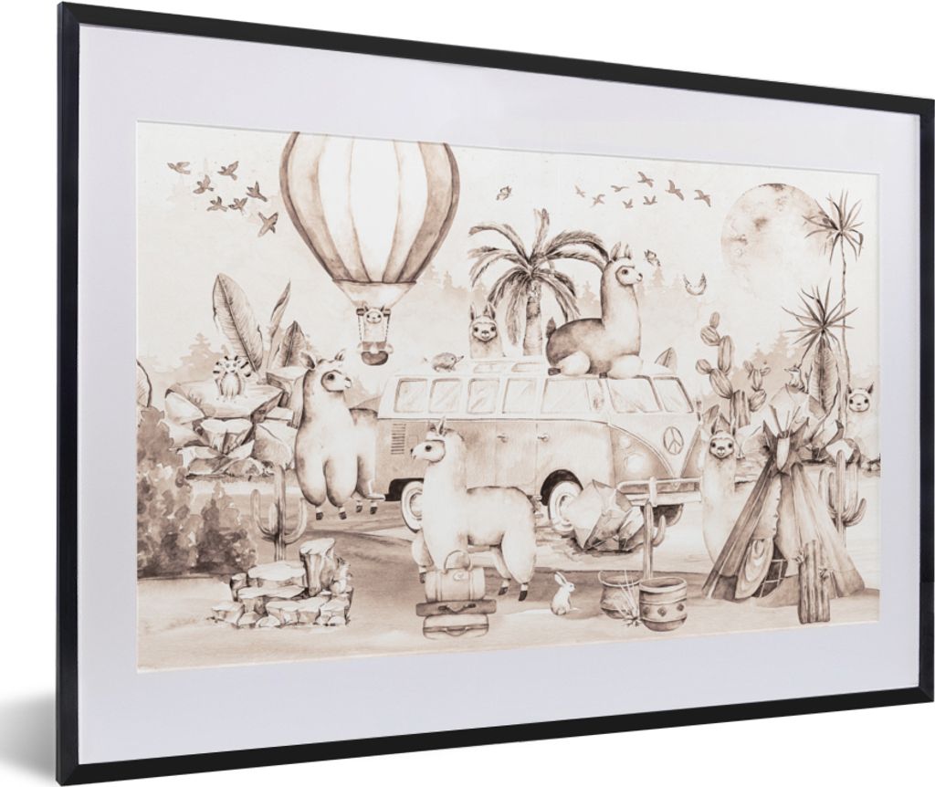 MuchoWow Gerahmtes Poster Kinder - Alpaka - Heißluftballon - Junge - Mädchen 60x40 cm - Poster mit Schwarzem Bilderrahmen Wandposter Rahmen Fot...