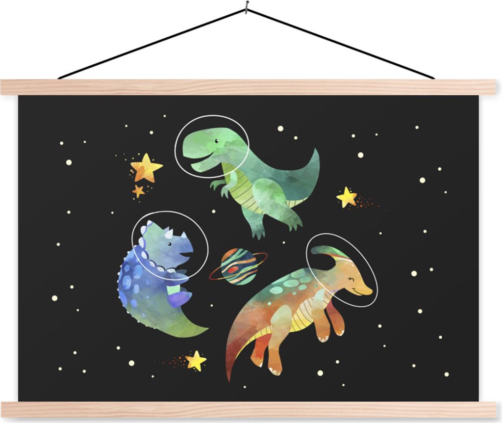 MuchoWow Textilposter Sterne - Dinosaurier - Kind - Mädchen - Jungen - Kinder - Kinder 120x80 cm mit holzfarbenen Rahmen - Aufhängeset