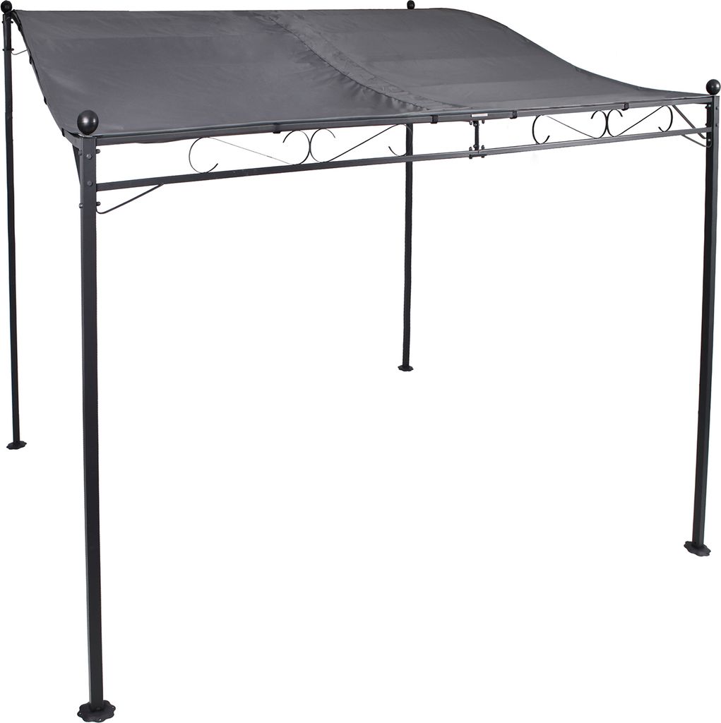 A dark gray canopy tent with a metal frame, shown against a white background.