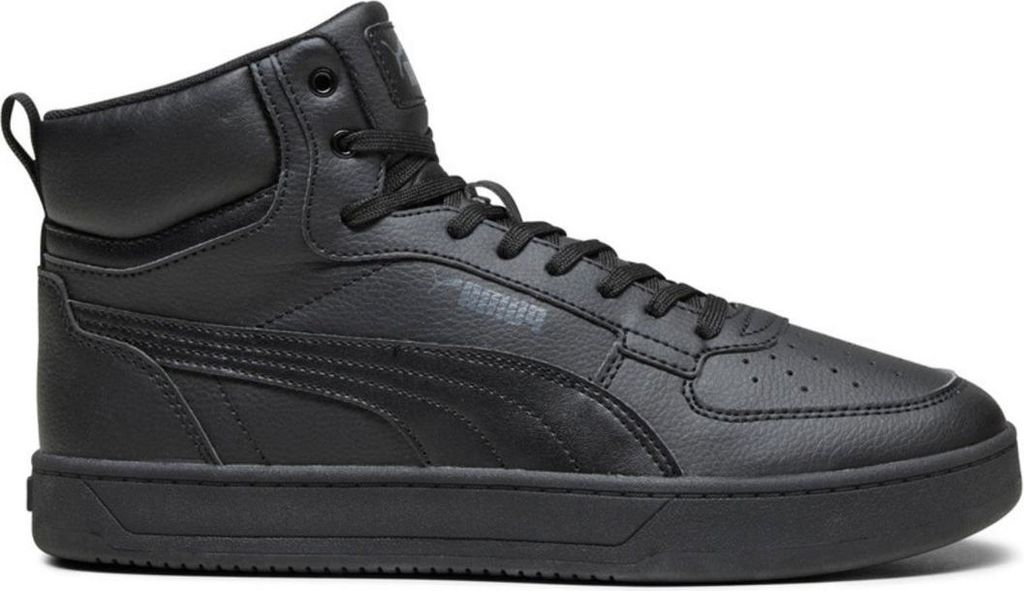 A black Puma high-top sneaker is shown against a white background.