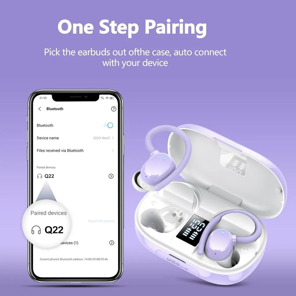 Cuffie Bluetooth sportive senza fili, batteria ricaricabile da 128 ore, Bluetooth 5.3, cancellazione del rumore ENC, bassi HiFi, impermeabilità IPX7, gancio per l'orecchio, display LED, custodia di ricarica USB-C - 5