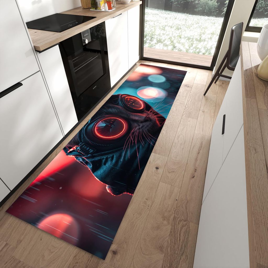 Küchenteppich 80x280cm rutschfest & abwischbar PVC Läufer - Cyber Katze