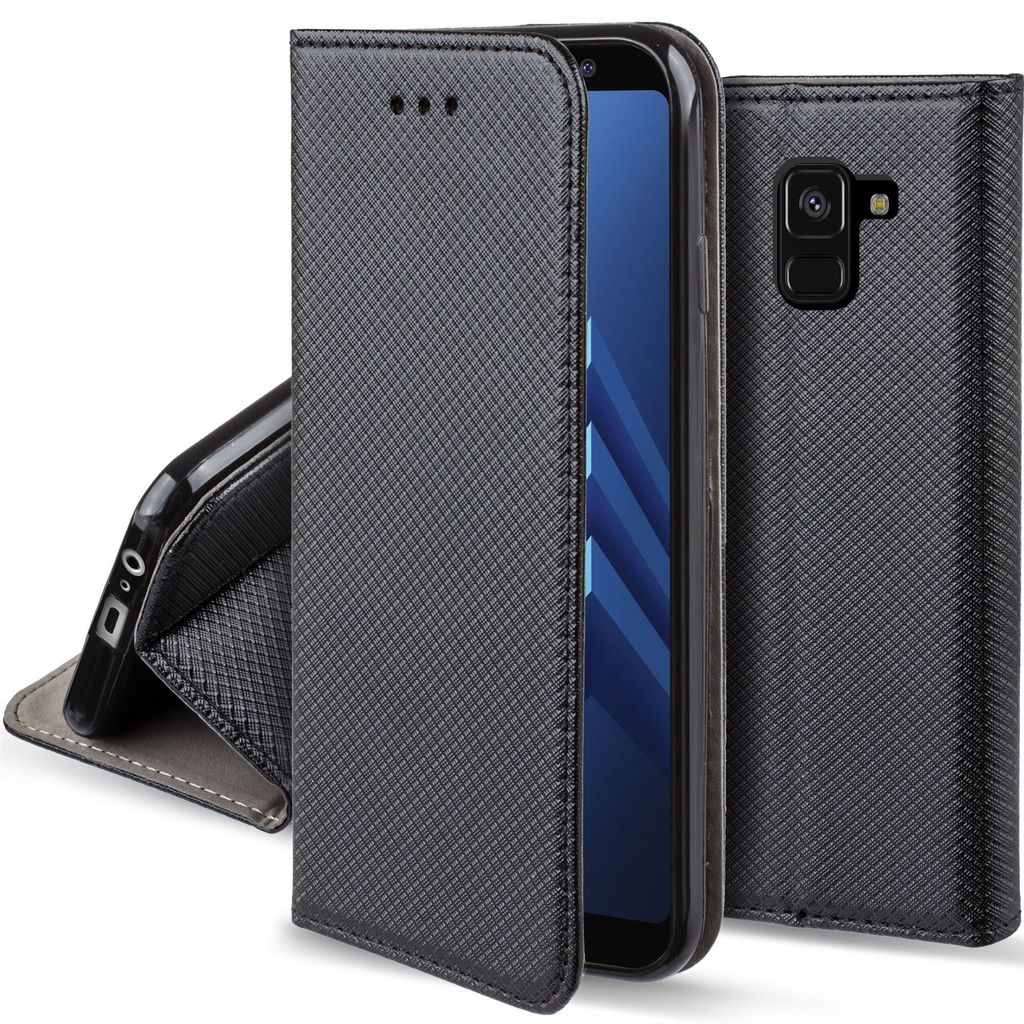 Dünne Magnetische Klapphülle Handyhülle mit Kartenfach und Standfunktion Moozy Hülle Flip Case für Samsung A8 2018 Schwarz