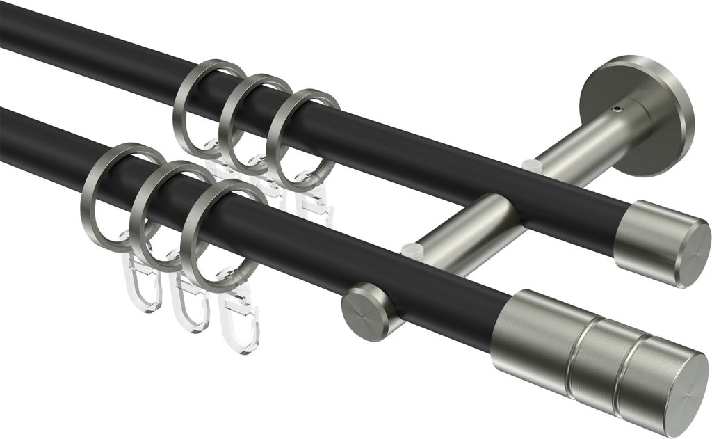 Interdeco Gardinenstange / Vorhangstange Schwarz / Edelstahl-Optik, Typ Medium Caras (Rillenzylinder), 16 mm Ø 2-läufig, 280 cm