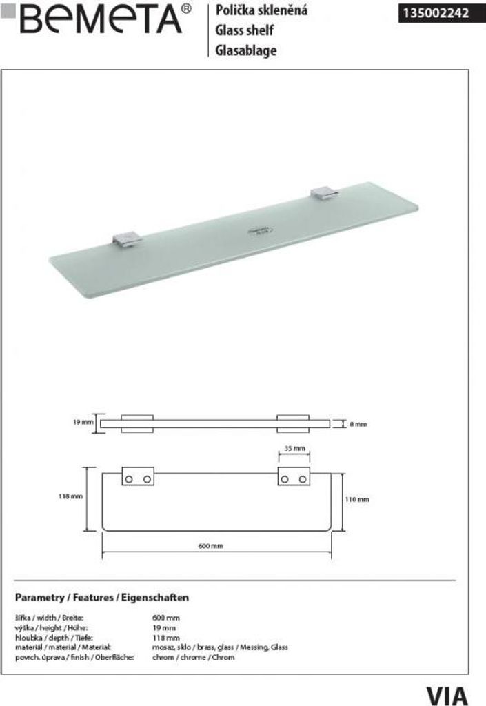Regal, Wandduschablage VIA aus Glas 60 x1,9 x 11,8 cm BEMETA