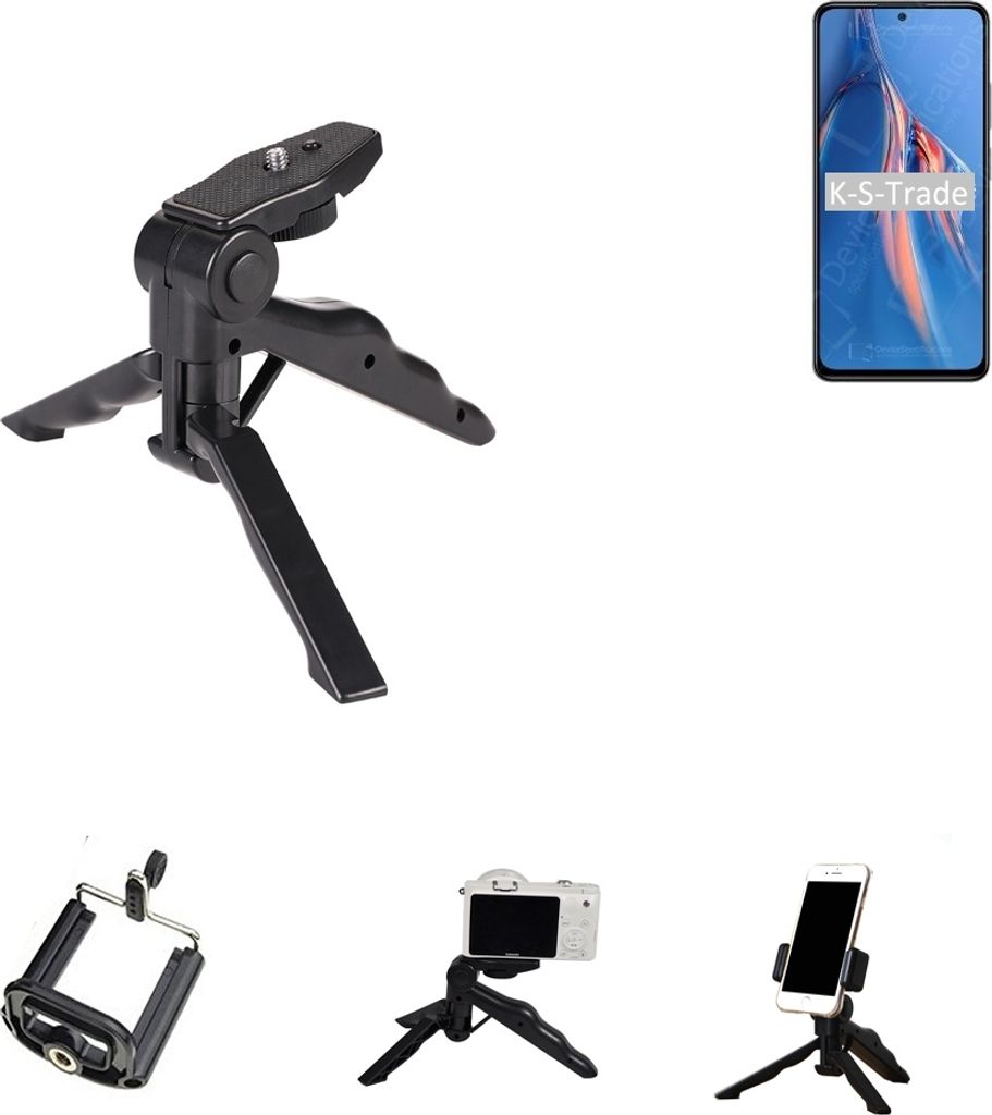 K-S-Trade Stativ Tisch-Ständer Dreibein Handy-Stativ Ständer kompatibel mit Xiaomi Redmi Note 11E Pro Mini-Stativ Smartphone Tripod Handy-Stativ aus