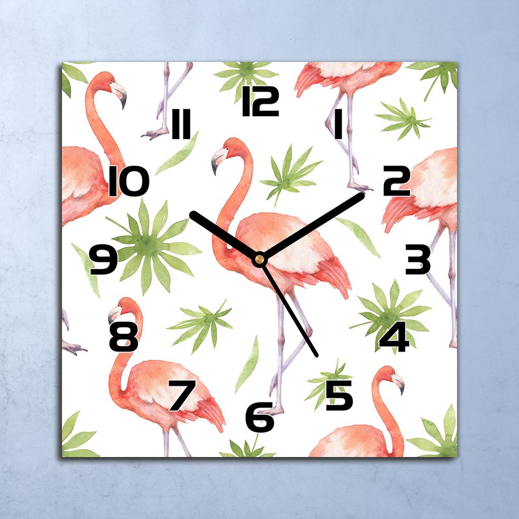 Wanduhr Echt-Glas-Küchenuhr Blätter und Flamingo Quarz 30x30 Deko Bilder