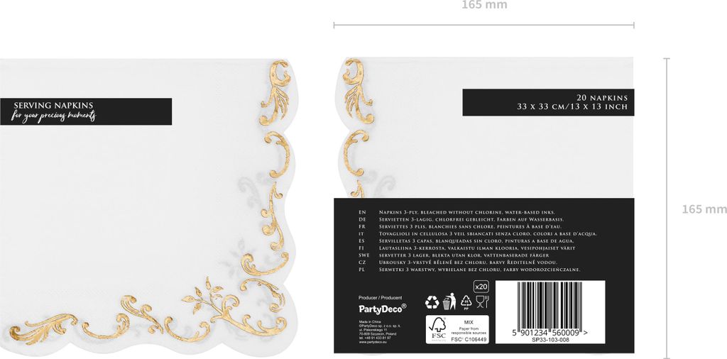 Servietten Papier 33x33cm 3-lagig 12 Stück mit Gold Ornament Weiß