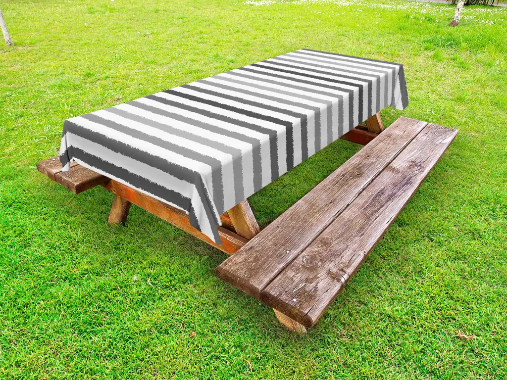 ABAKUHAUS Tovaglia a righe per esterni, righe grigie e bianche monocromatiche, stile spazzolato, stampa digitale grunge retrò, bianco grigio, 145x265 cm