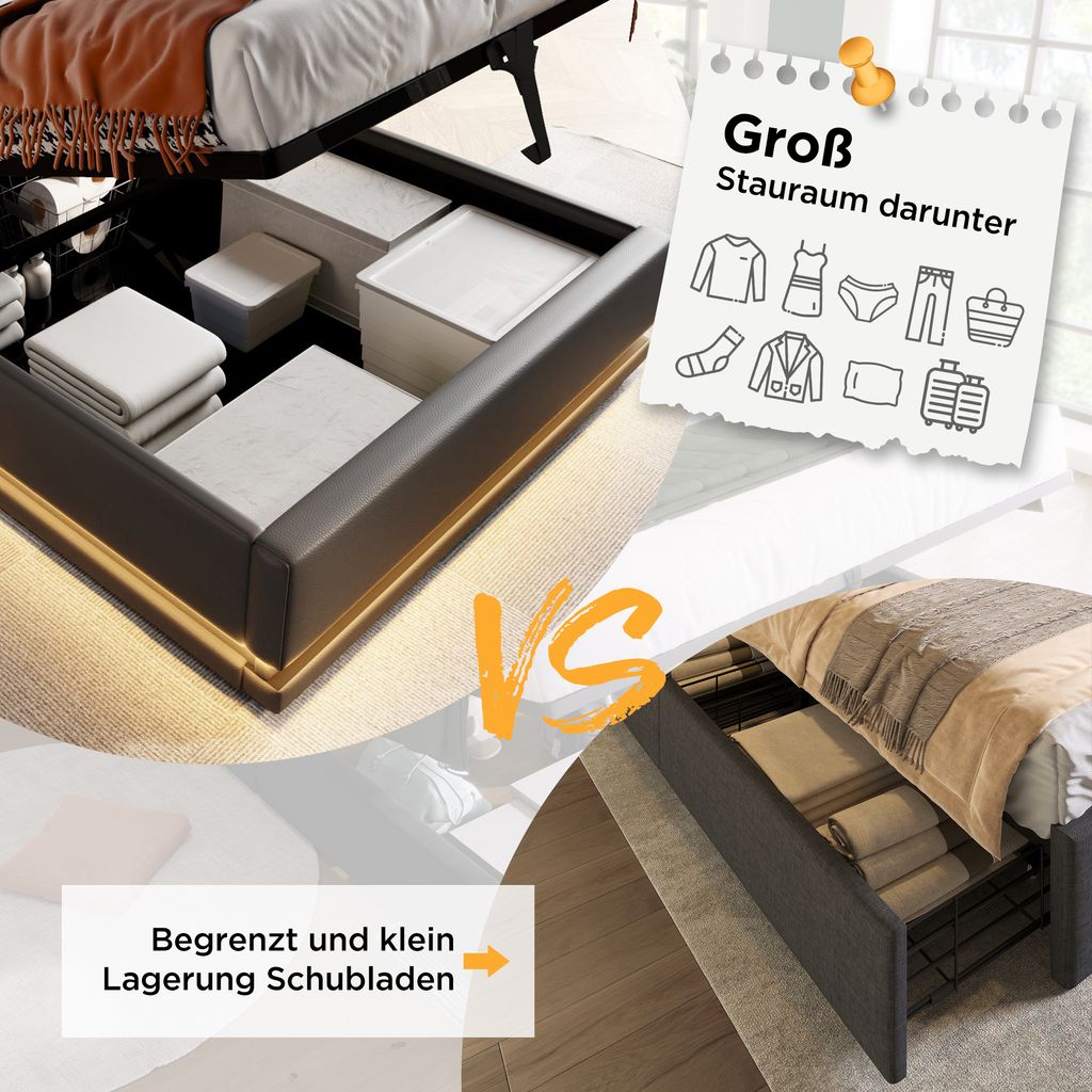 RIAZOS Polsterbett 90x200cm Mit USB-C Ladebox & LED - Graues Jugendbett Mit Stauraum