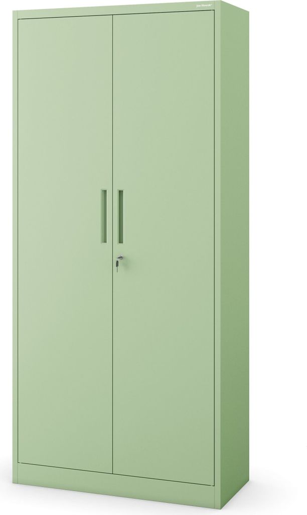 A light green metal cabinet with double doors and a lock.