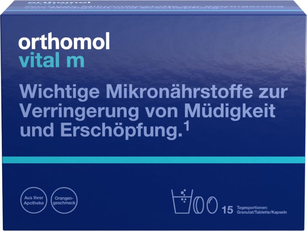 Orthomol Vital m für Männer - bei Müdigkeit - mit B-Vitaminen und Omega-3-Fettsäuren - Orangen-Geschmack - Granulat/Tabletten/Kapseln, 15 St. T...