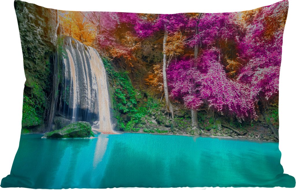 MuchoWow Outdoor Kissen - Wasserfall - Bäume - Rosa - Braun - Natur - 50x30 cm - Wetterfest - Lounge Kissen - Sofa kissen - Wohnzimmer Dekoration