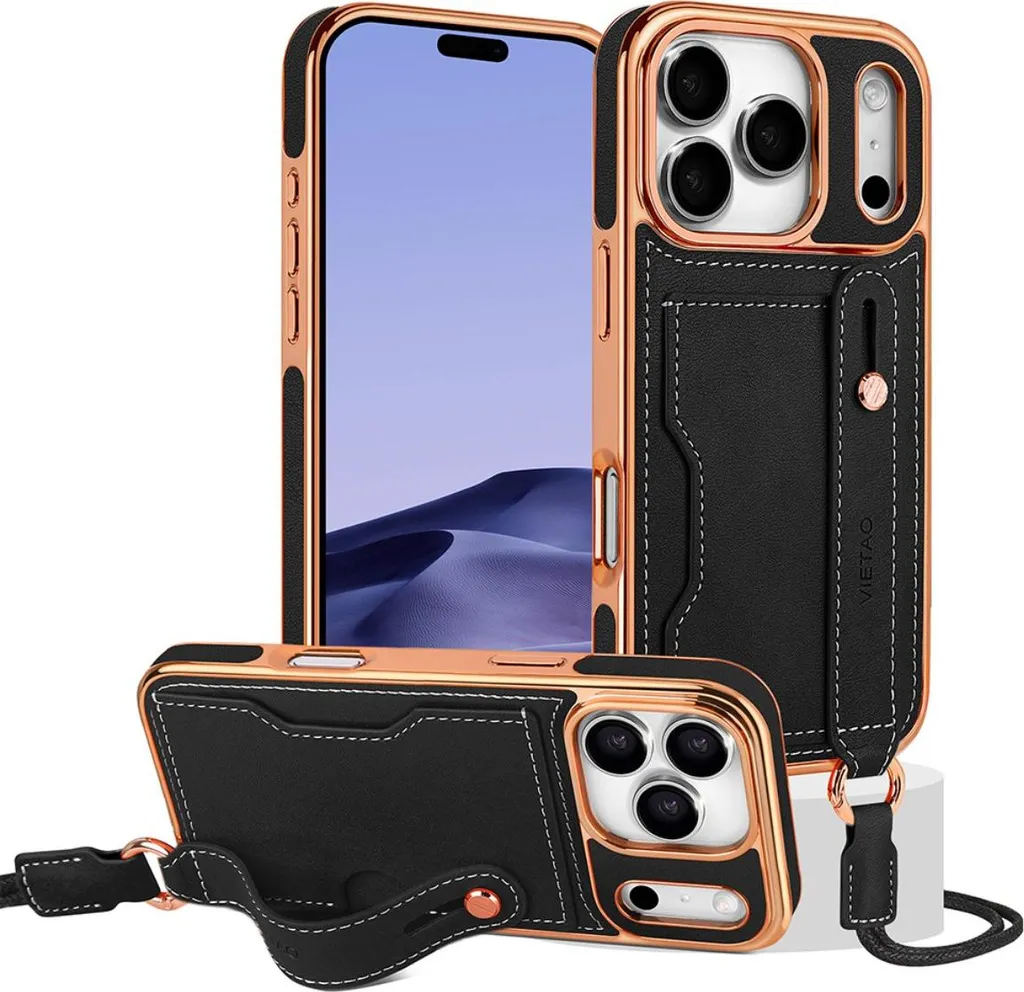 INF Custodia iPhone 17 Air inPoliuretanoe TPU con laccio a tracolla, slot carta e cavalletto, nero