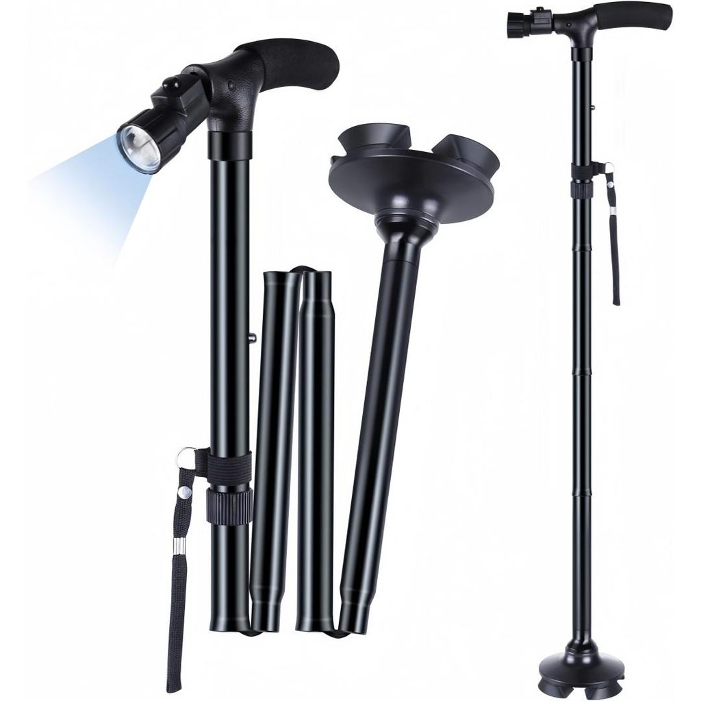 Klappbarer Gehstock mit LEDs – höhenverstellbar (85–95 cm), selbststehend, ergonomischer Griff, leicht, stabil bis 103 kg – für Senioren & ...