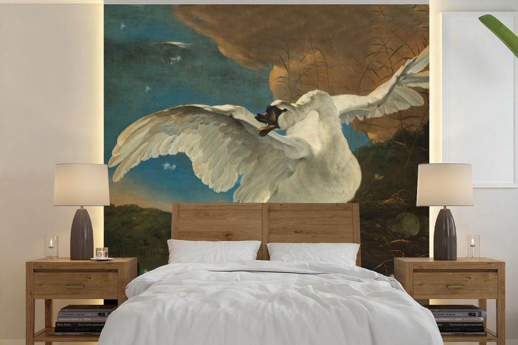MuchoWow Fototapete für Wohnzimmer oder Schlafzimmer Wandtapete Vinyl Motivtapete Der bedrohte Schwan - Gemälde von Jan Asselijn - 280x280 cm -...