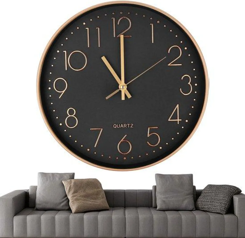 Pendule murale silencieuse en quartz 30cm - Style Chic Doré et Noir