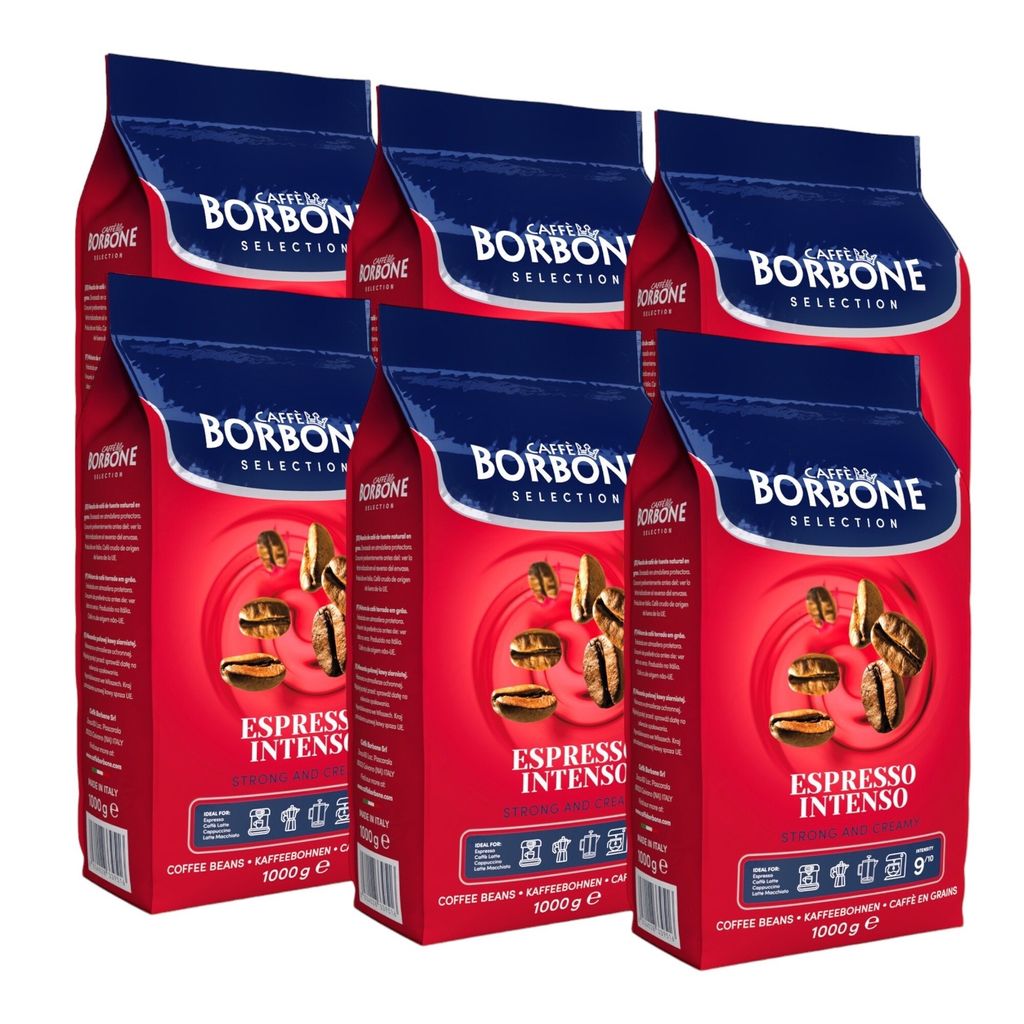 CAFFÈ BORBONE Selection Espresso Intenso ganze Kaffeebohnen 6x1000g | Karamell intensiv im Geschmack mittlere Röststufe 100% Rosbusta-Bohnen