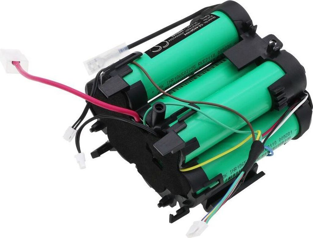 A close-up view of a battery pack with green cylindrical cells and black plastic housing, connected by various colored wires.