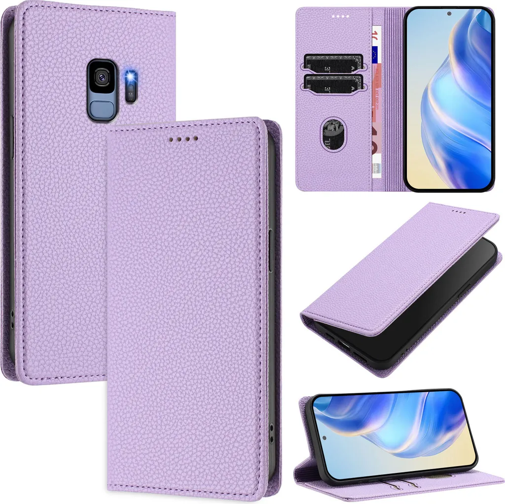 Custodia Samsung Galaxy S9 Pelle Litschi Viola | Cover Portafoglio Elegante