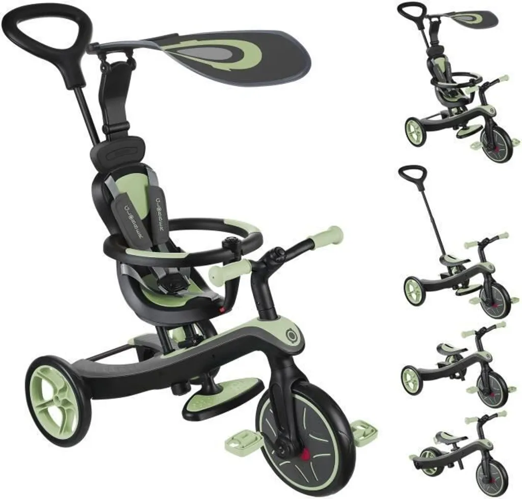 Tricycle Globber Explorer 4 en 1 avec auvent et canne parentale vert