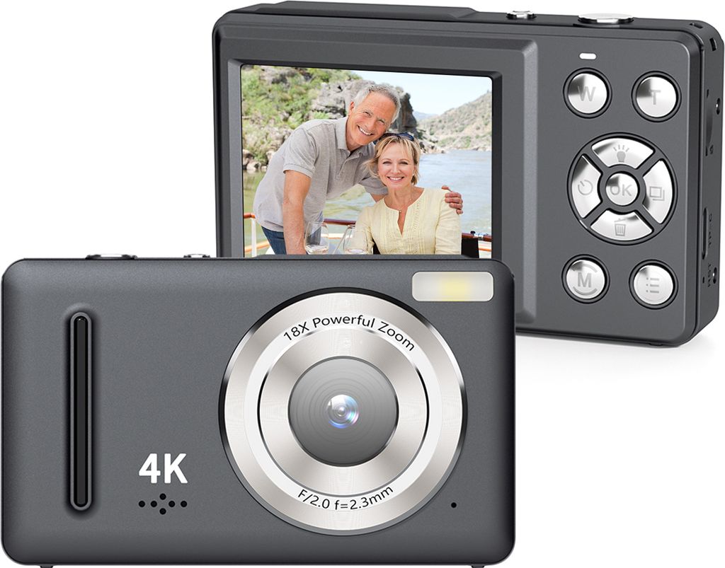 4K-Digitalkamera fuer Kinder, digitale Videokamera, CCD 64 MP, 2,4-Zoll-Bildschirm, Autofokus, 18-facher Zoom, eingebauter Blitz, Akku, Geburtstags...