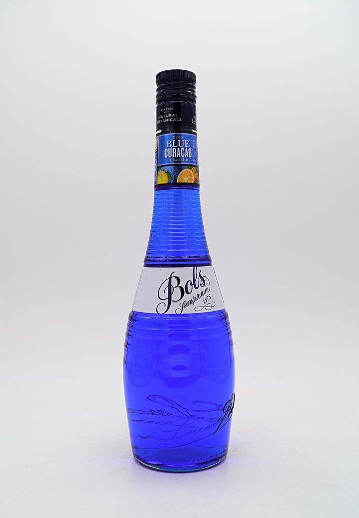 A bottle of Bols Blue Curaçao liqueur is presented against a plain white background.