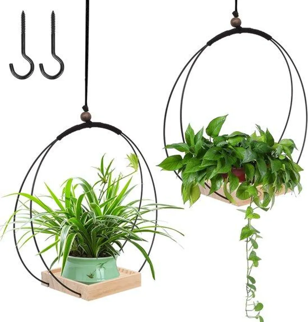Pot de fleur suspendu noir en bois lot de 2, idéal pour jardin d'intérieur