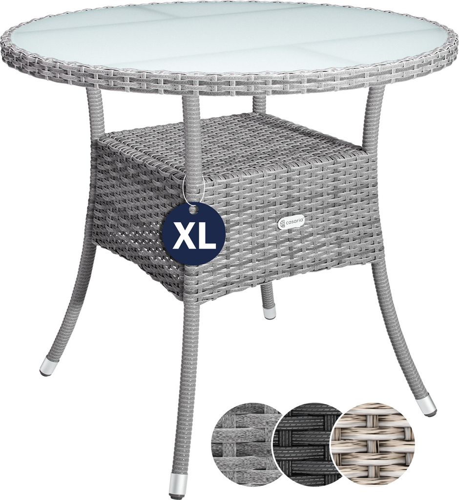 CASARIA Gartentisch Polyrattan Wetterfest Rund Klein 80cm Grau Glas Tischplatte 80kg Belastbar Outdoor Terrasse Balkon Bistro Tisch Beistelltisch