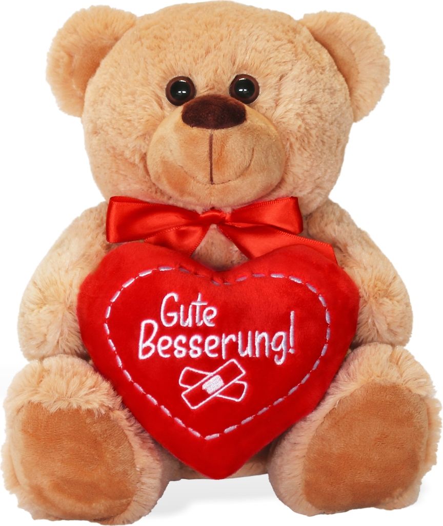 A teddy bear holding a red heart with text.