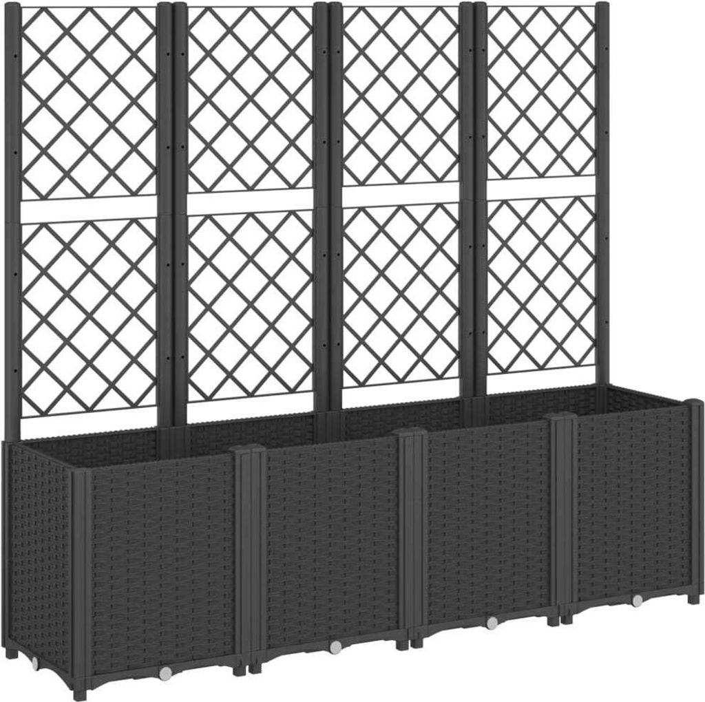 A black planter box with a trellis attached.