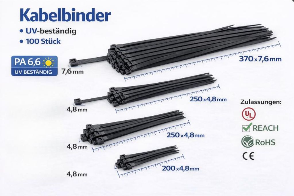 Kabelbinder, schwarz, 370 x 7,6 mm - 100 Stück (Set) Produktbild 