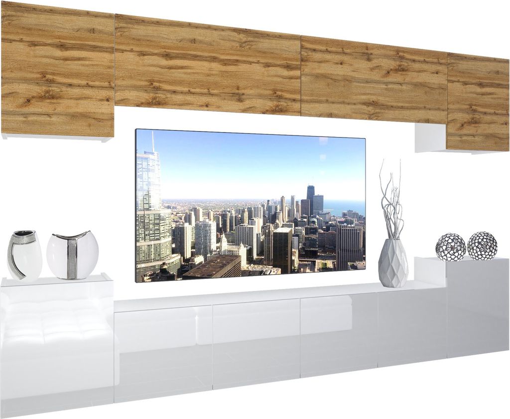 BELINI Wohnwand Vollausstattung Wohnzimmer-Set Moderne Schrankwand mit LED-Beleuchtung Weiß Glänzend Anbauwand TV-Schrank Eiche Wotan / Weiß Gl...