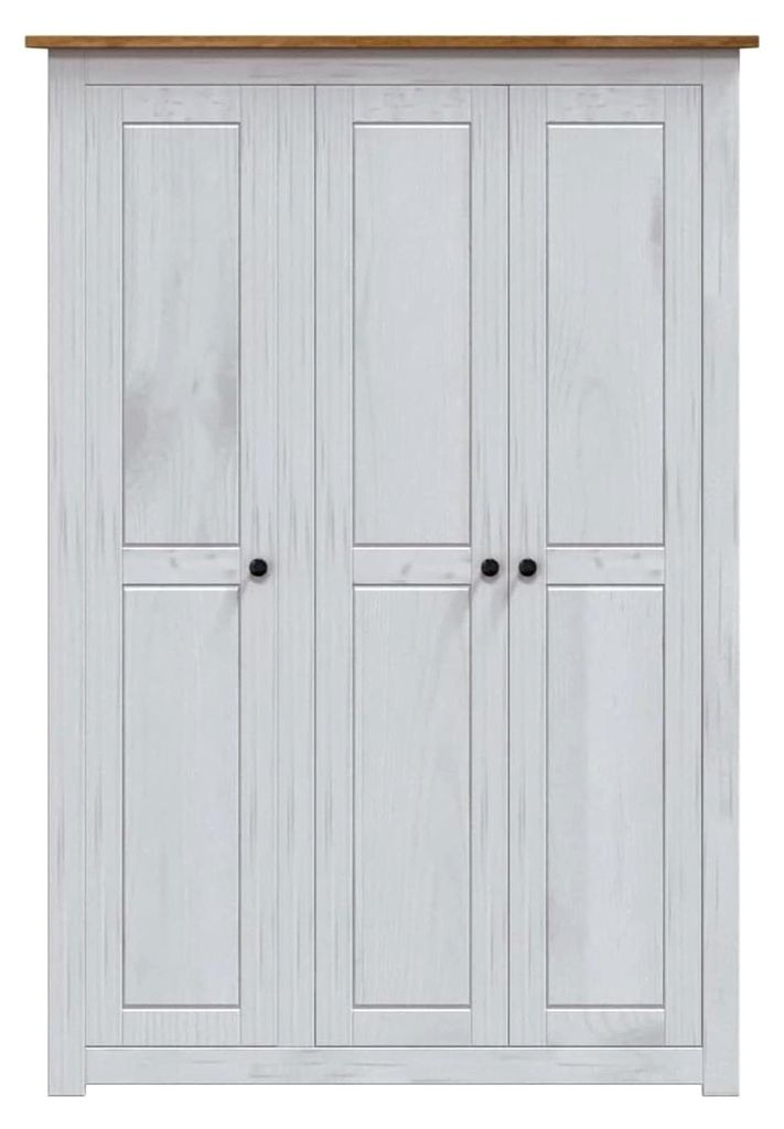 3-türiger Kleiderschrank aus Kiefer-Massivholz mit 4 Ablagen und Kleiderstange - Weiß/Natur - 118x50x171,5 cm - für kleine Schlafzimmer