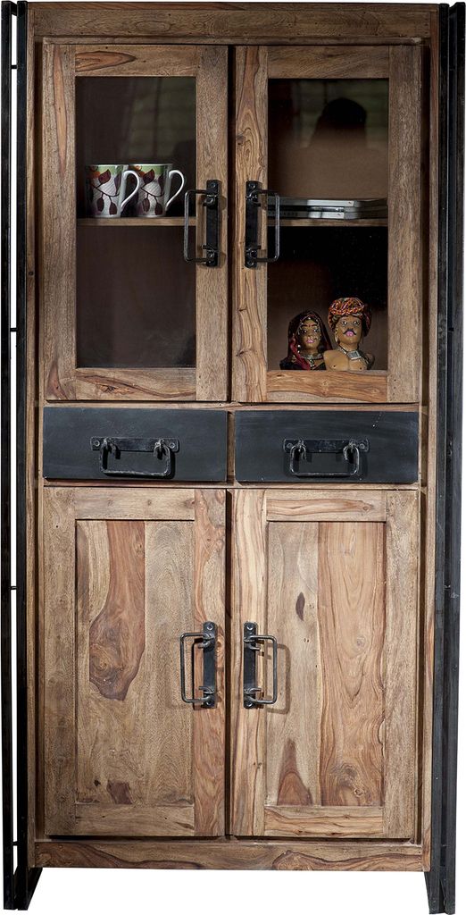 SIT Möbel Vitrine aus Akazie und Altmetall | 4 Türen, 2 Schubladen | natur mit antikschwarz | B 90 x T 40 x H 180 cm | 09204-01 | Serie PANAMA